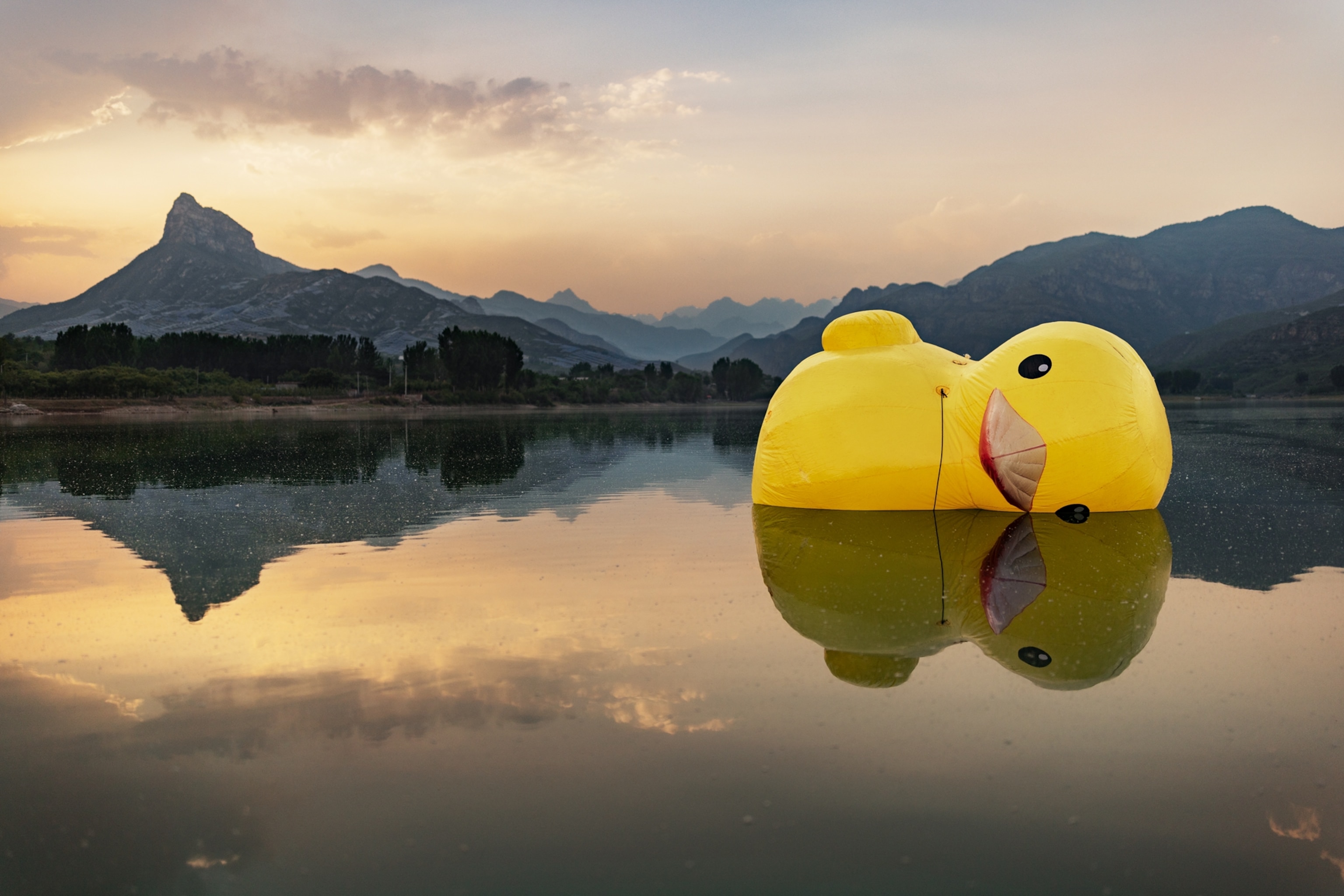 a large inflated rubber duck on its side in a river