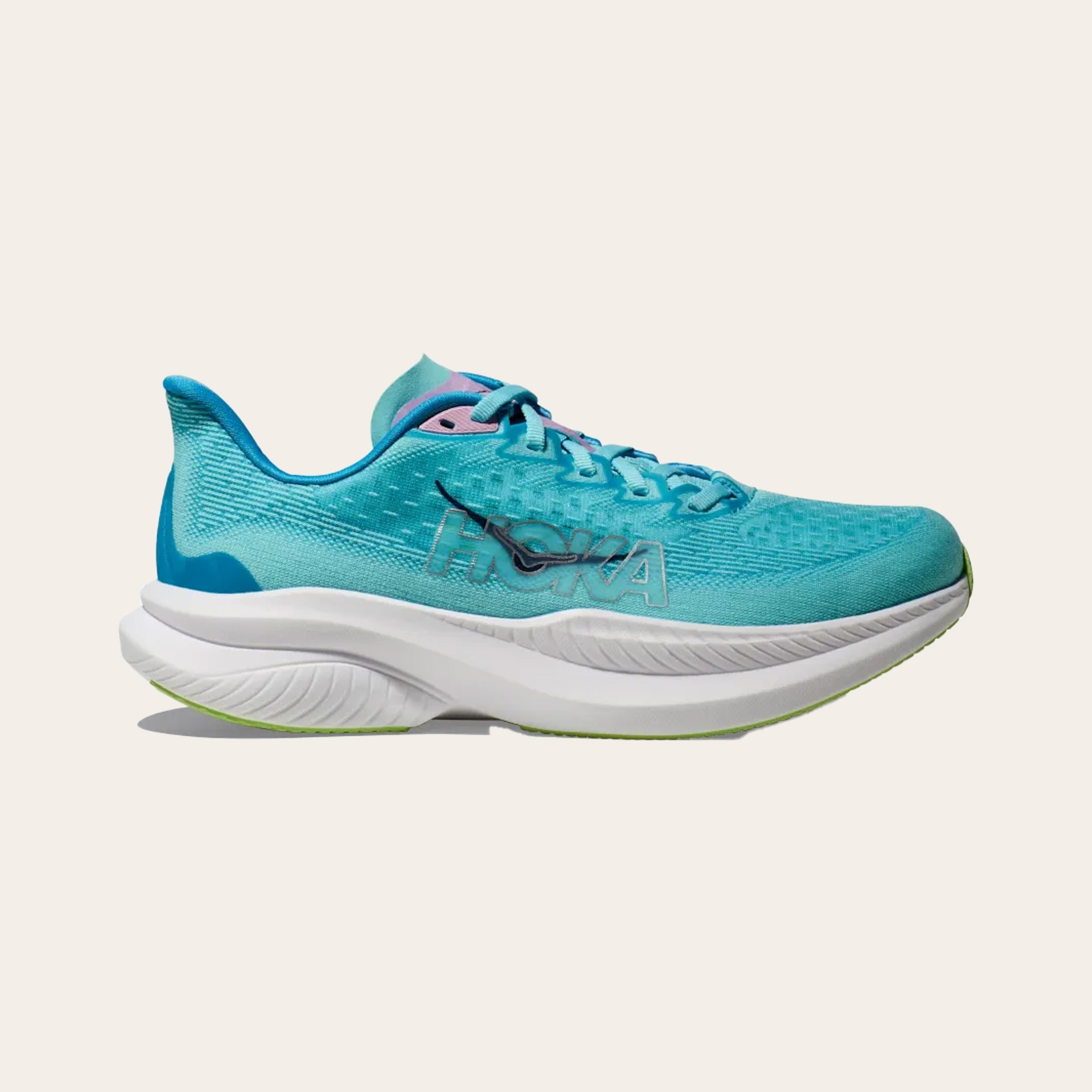 A blue Hoka ProFly Mach 6 running shoe.