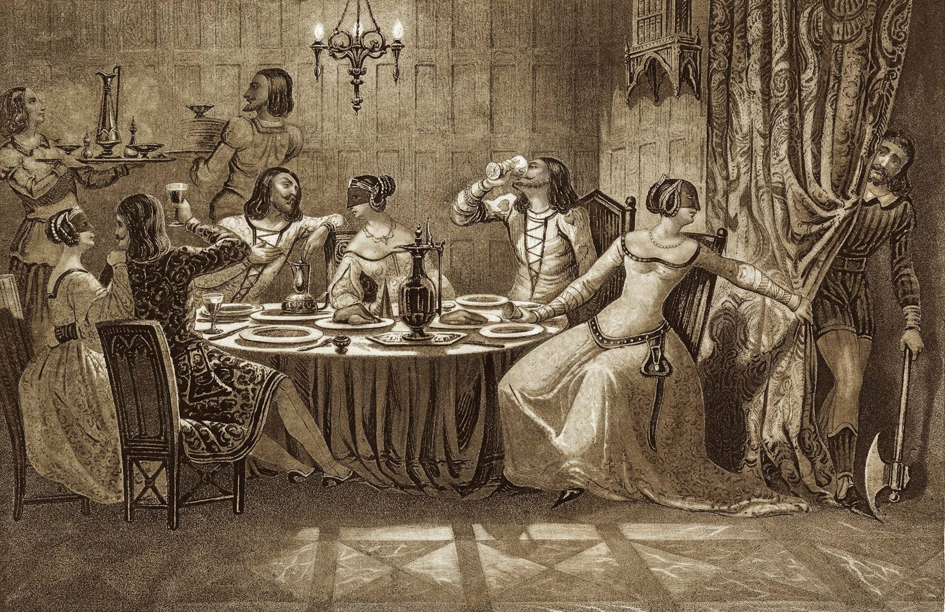 A lithograph imagines the masked escapades of the Burgundy princesses, including Margaret at right, in the Nesle Tower