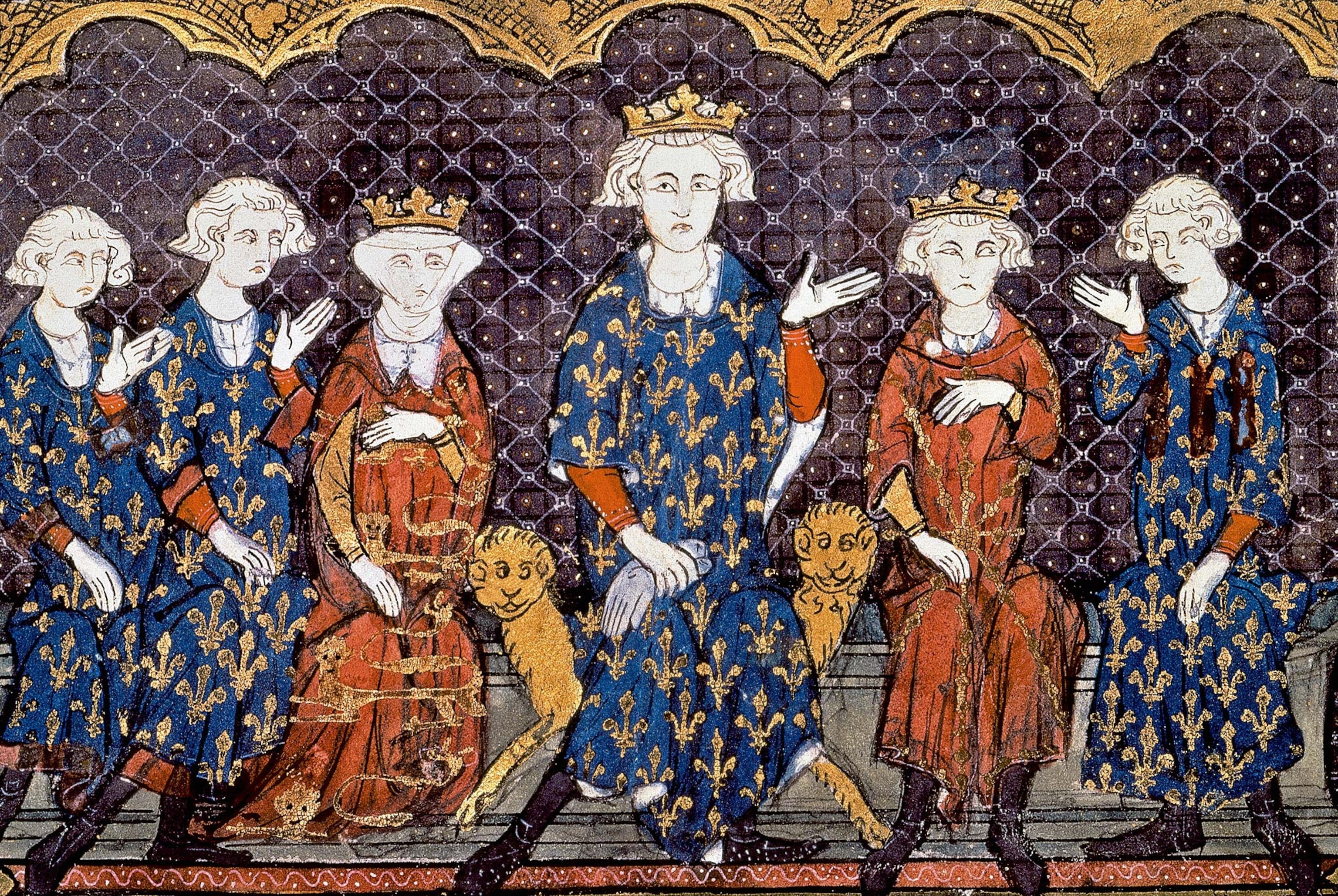 Philip IV stands in the center of a group of men in a detail from a 14th-century miniature